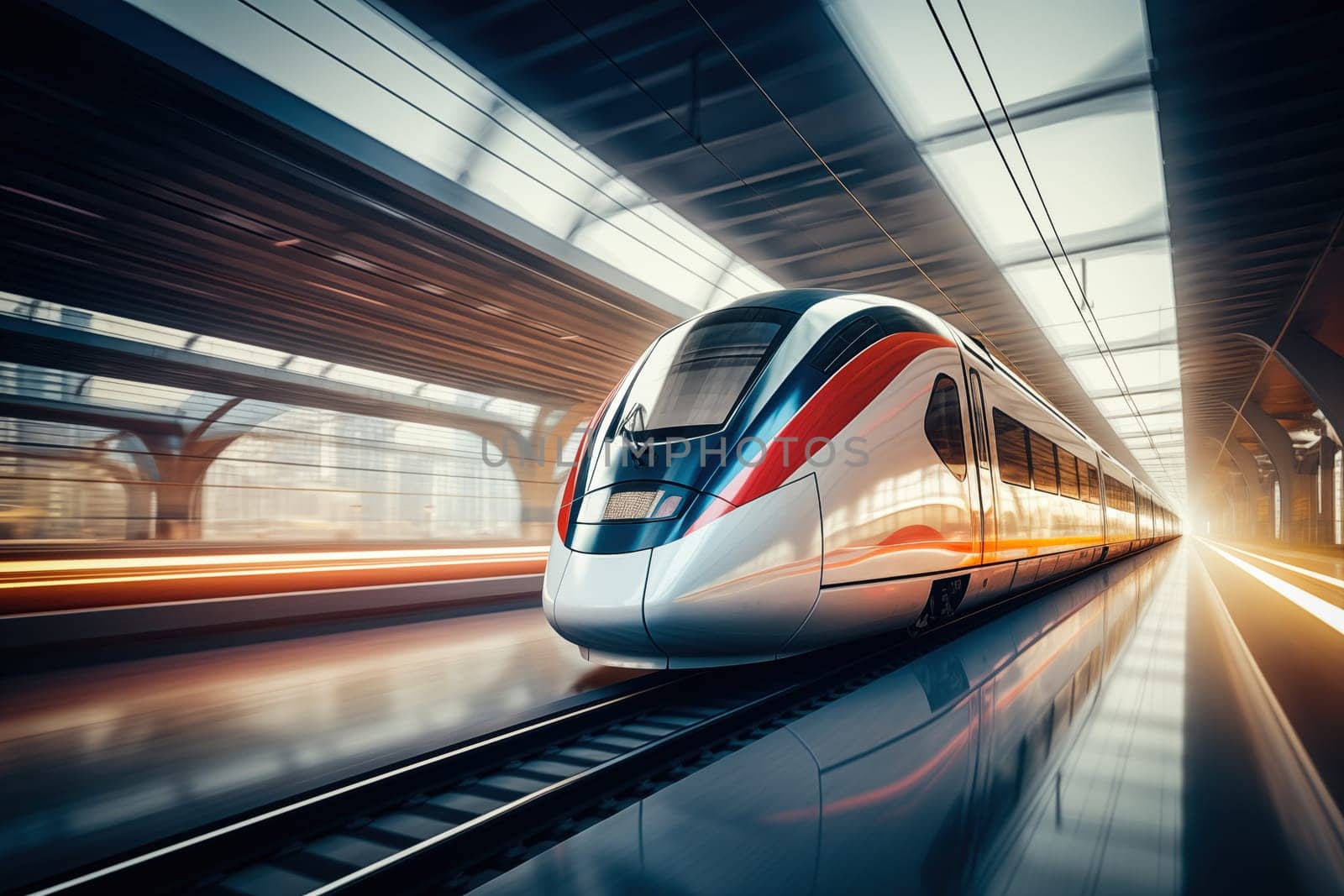 Modern high speed train in a futuristic train station. Modern transportation technology, speed, travel concepts. Railroad with motion blur effect