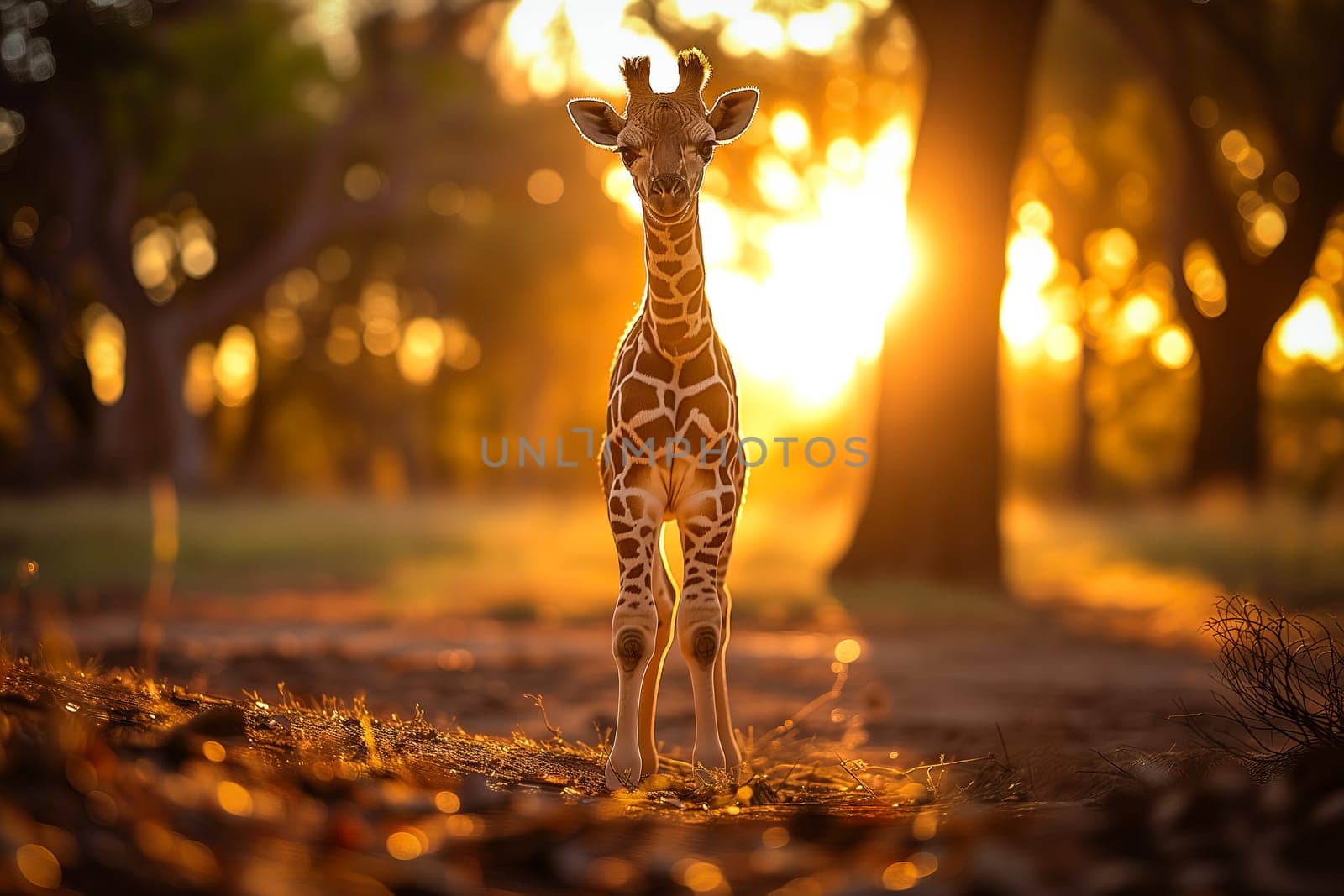 Baby giraffe standing amidst the golden rays of the setting sun, surrounded by nature beauty