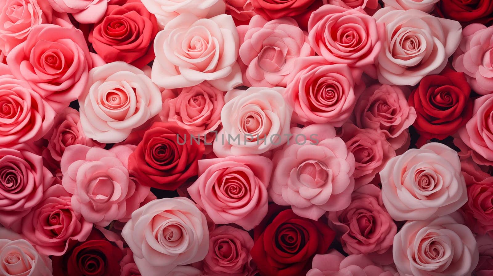 Valentine day background of close-up view of a beautiful mix of pink, red and white roses, symbolizing love and affection, perfect for Valentine Day celebrations