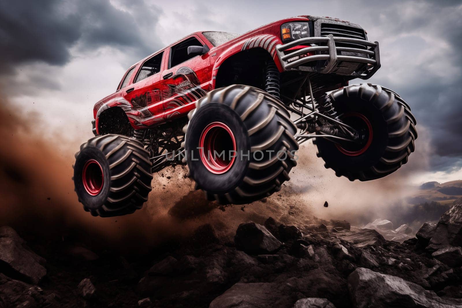 Monster truck driving and jumping outdoors amidst a cloud of dust. Thrill and adrenaline of an outdoor racing event on off-road terrain