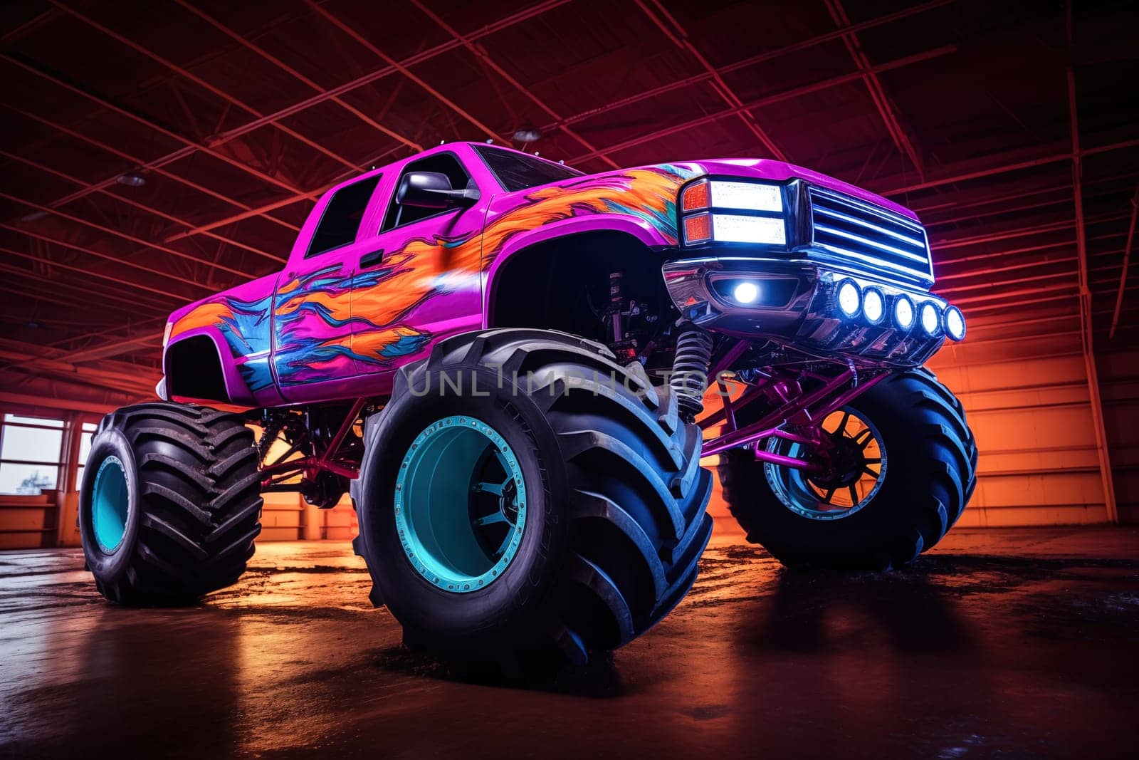 Monster truck illuminated by neon lights - excitement and thrill of an extreme sport and entertainment monster truck stunts racing show