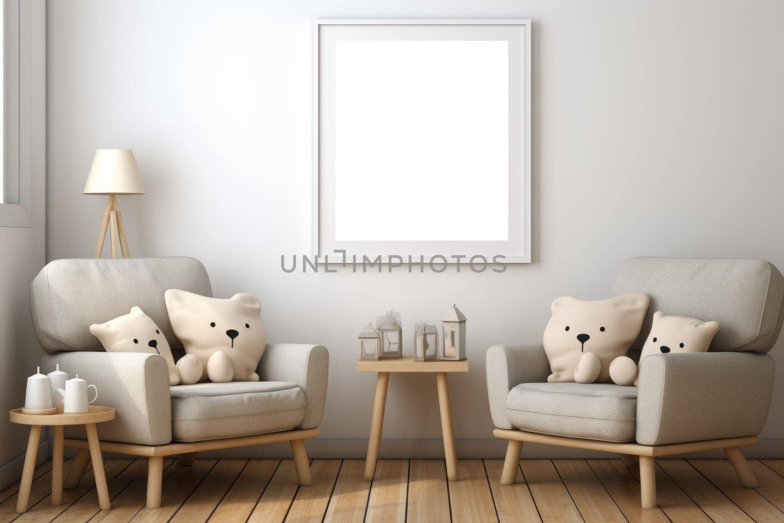 Nursery with cute little halloween pumpkin theme, frame with plain canvas mockup. Generative AI.