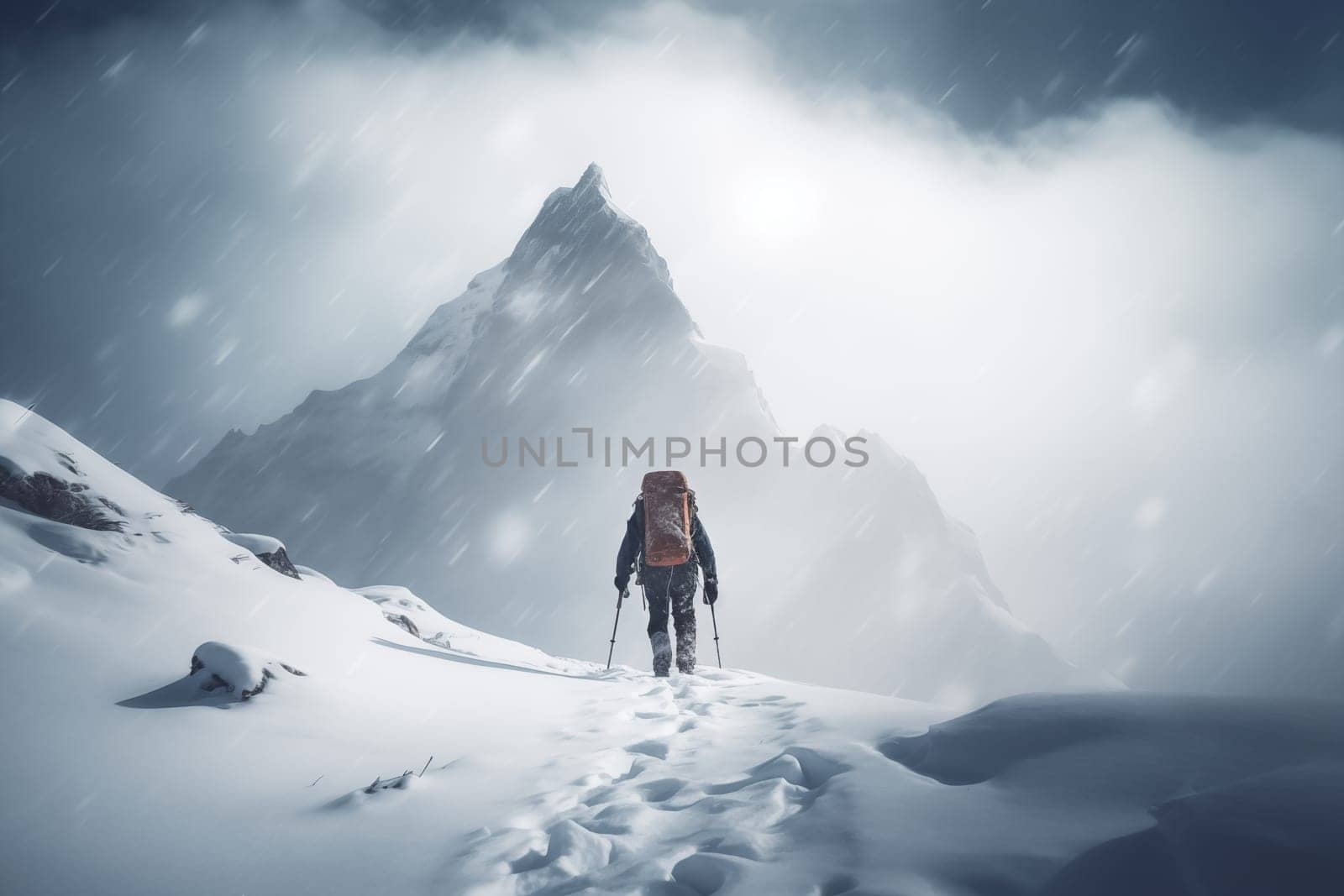 Lone Mountaineer Alpinist Approaching Snowy Peak by dimol