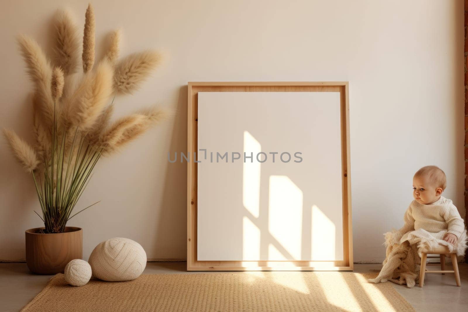 Style realistic photo of a baby sitting next to a plain white photo frame. Generative AI.
