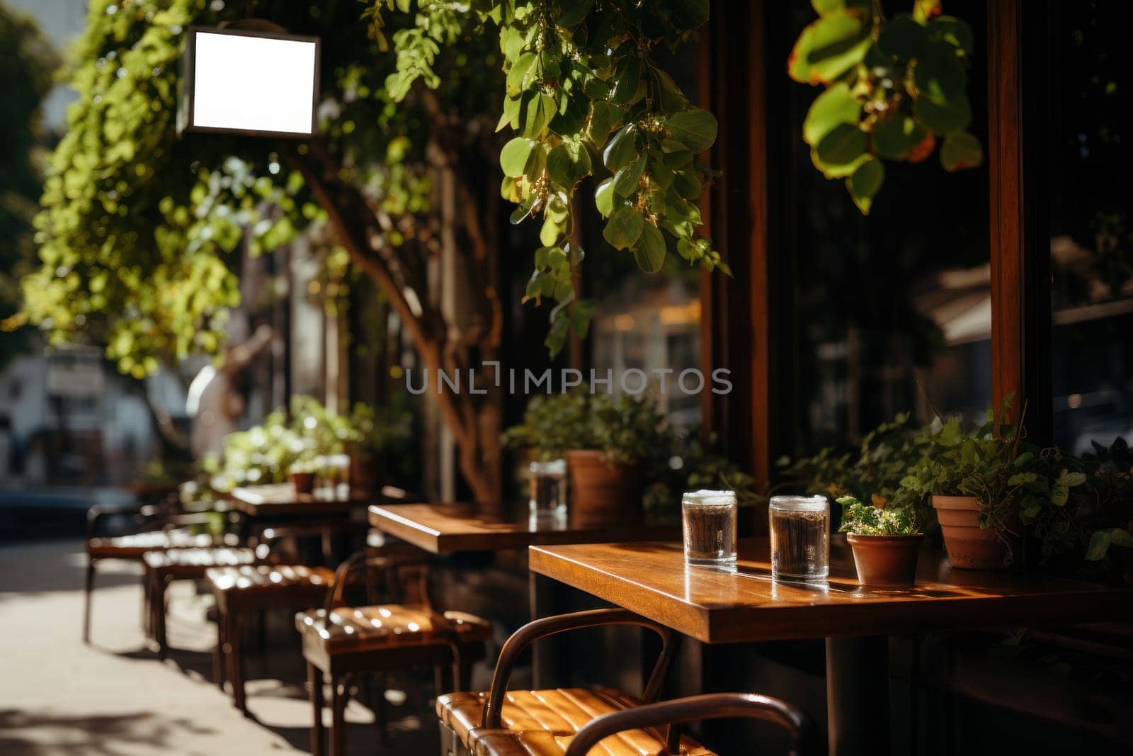 Cozy coffee shop clean minimalistic foliage natural light. Generative AI.