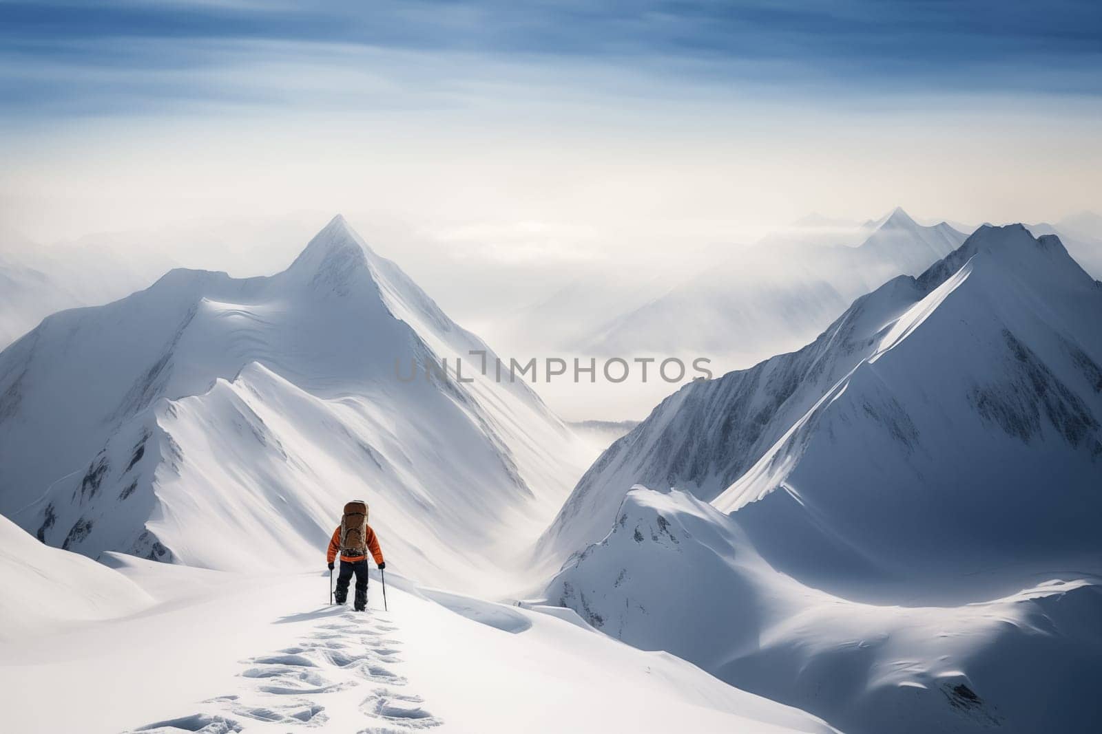 A mountaineer in mountains approaching a majestic snowy mountain peak amidst a snowfall and snow storm. Solitude and determination, adventure and challenge of climbing in extreme conditions