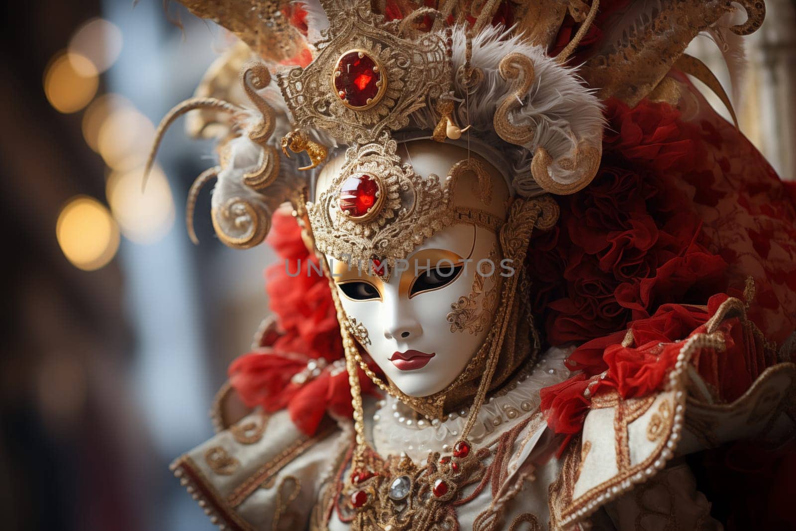 A person adorned in a richly detailed and colorful carnival costume, complete with an elaborate mask, participates in the iconic Venice Carnival