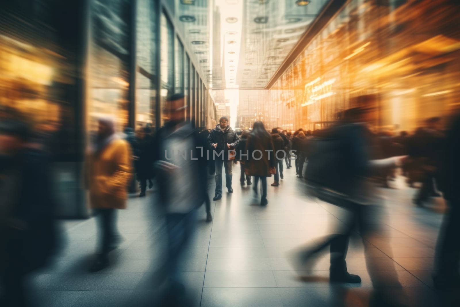 Realistic photo abstract blur people crowd walking in street business finance theme. Generative AI.