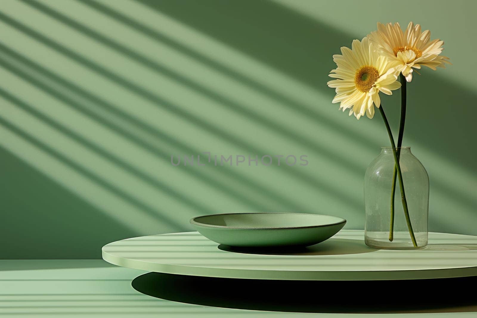 Abstract green minimalist circular stage design style, Sunflower. Generative AI.