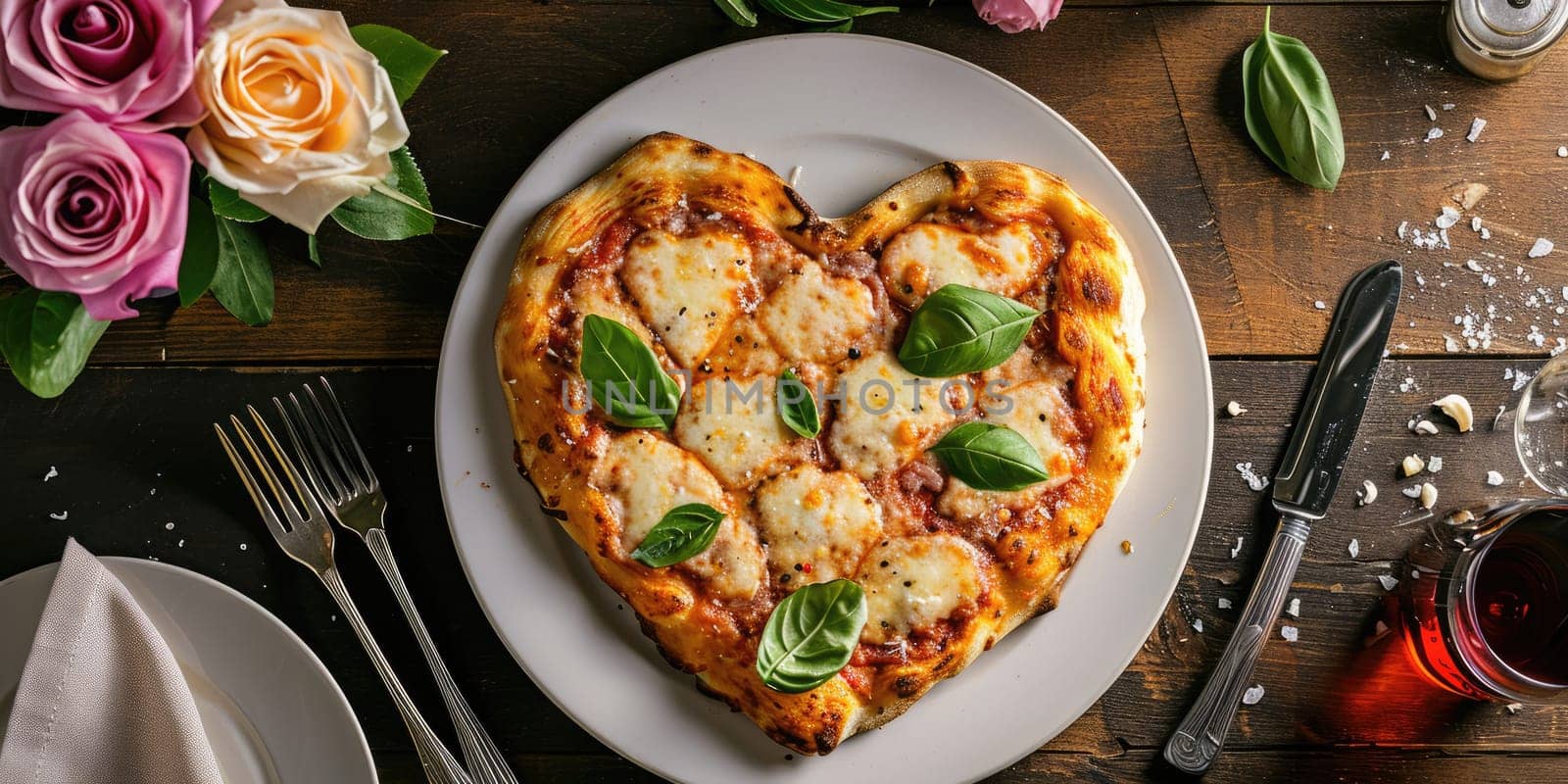 Heart shaped pizza for Valentines day on dark rustic wooden background pragma