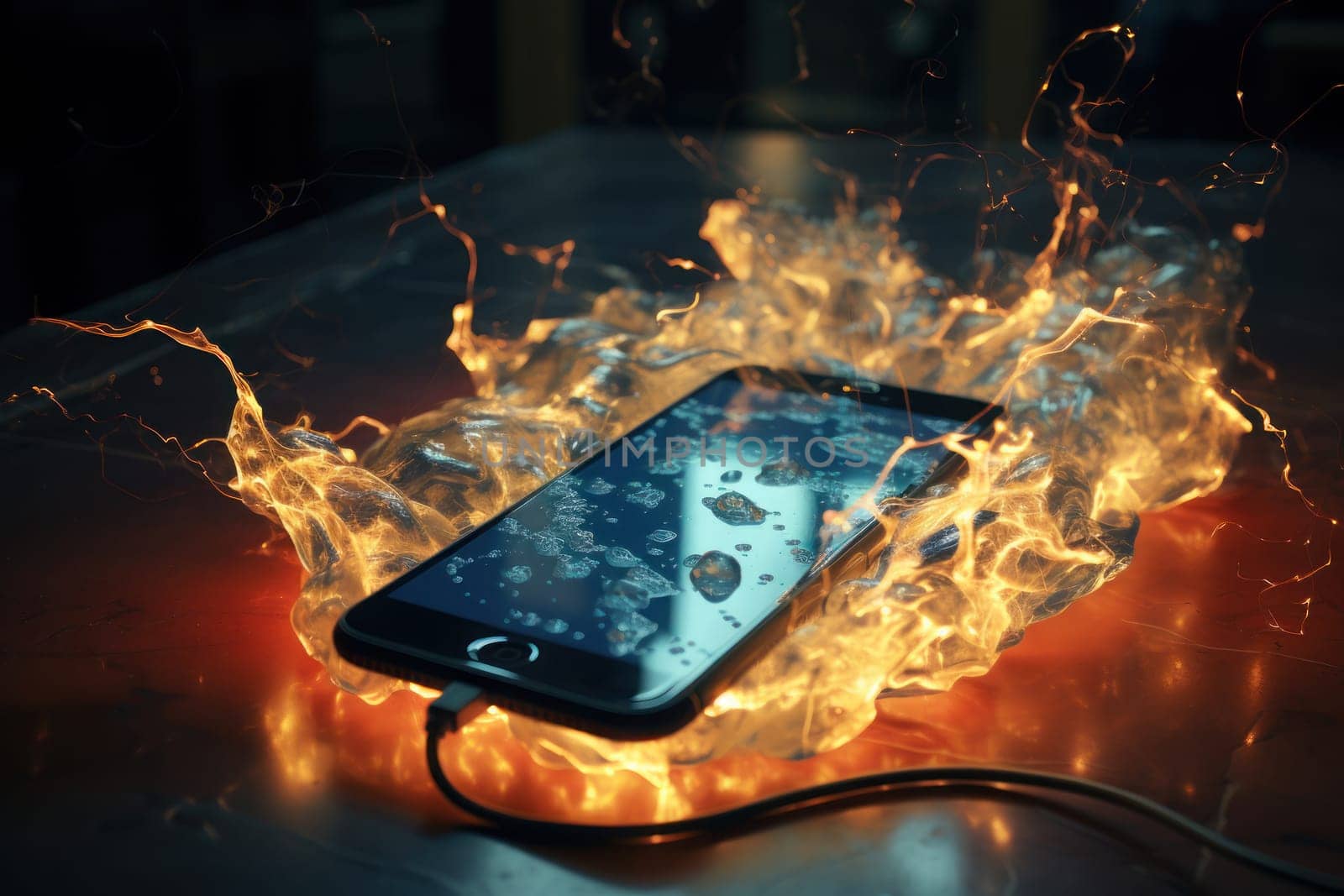 Mobile phone catches fire whilst charging. Fire hazard from mobile device. Generative AI.