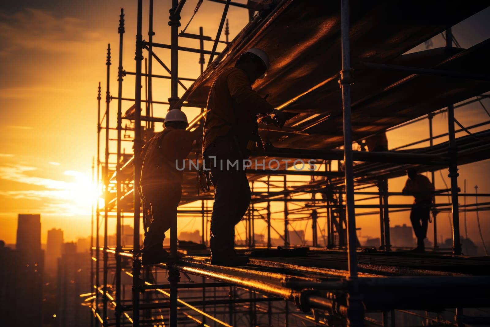 Silhouette construction worker on scaffolding building site. Generative AI.