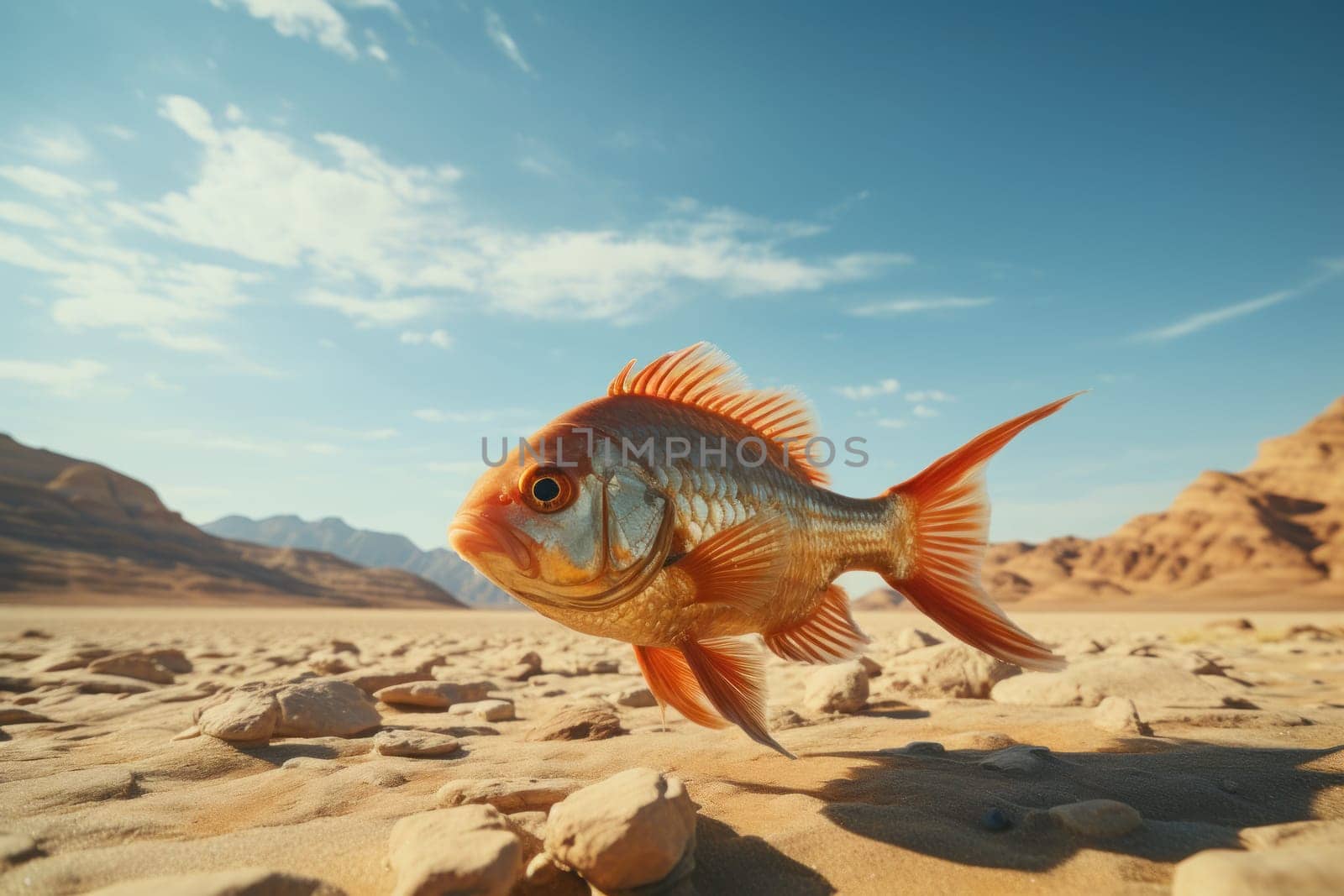 Surrealism fish is swimming in the desert with no water around. Generative AI by golfmerrymaker