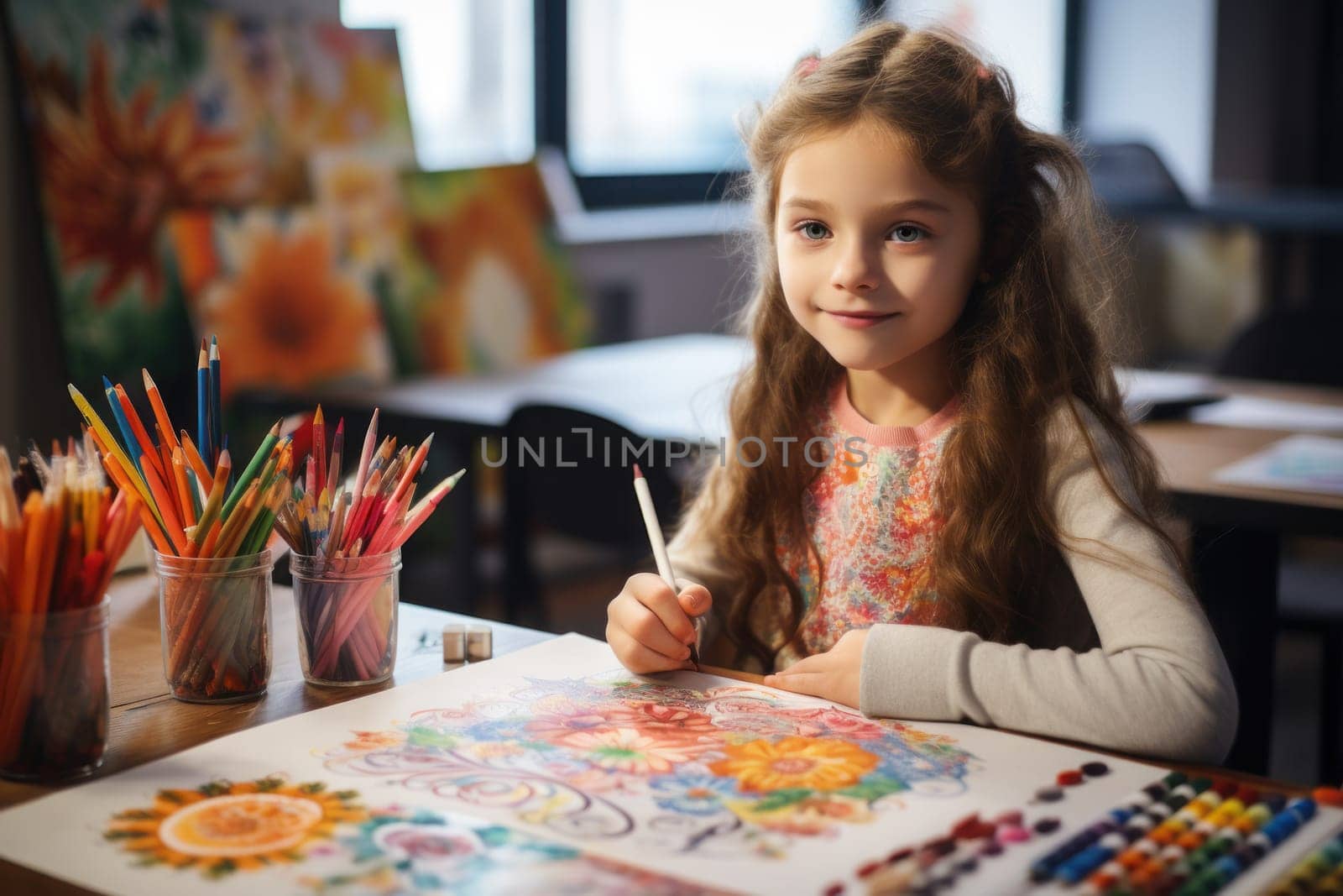 Children coloring activity in a classroom. Generative AI.