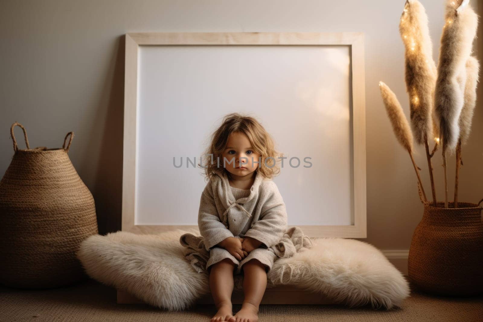 Style realistic photo of a baby sitting next to a plain white photo frame. Generative AI.