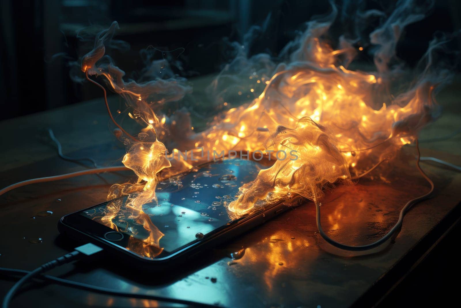 Mobile phone catches fire whilst charging. Fire hazard from mobile device. Generative AI.