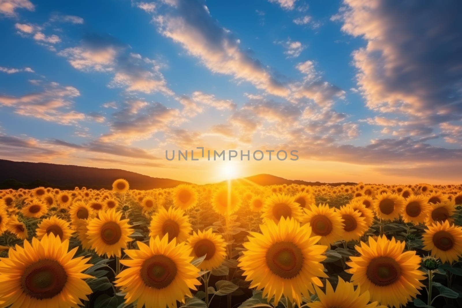 Field of sunflowers cloudy sky professional photography. Generative AI.