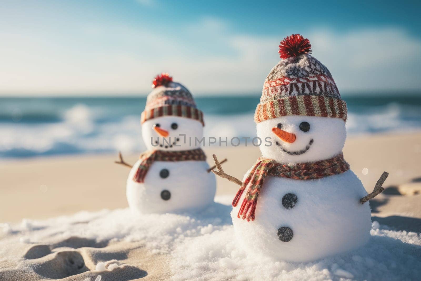 Two Sandy Christmas Snowmen are celebrating Christmas on a beautiful beach. Generative AI.