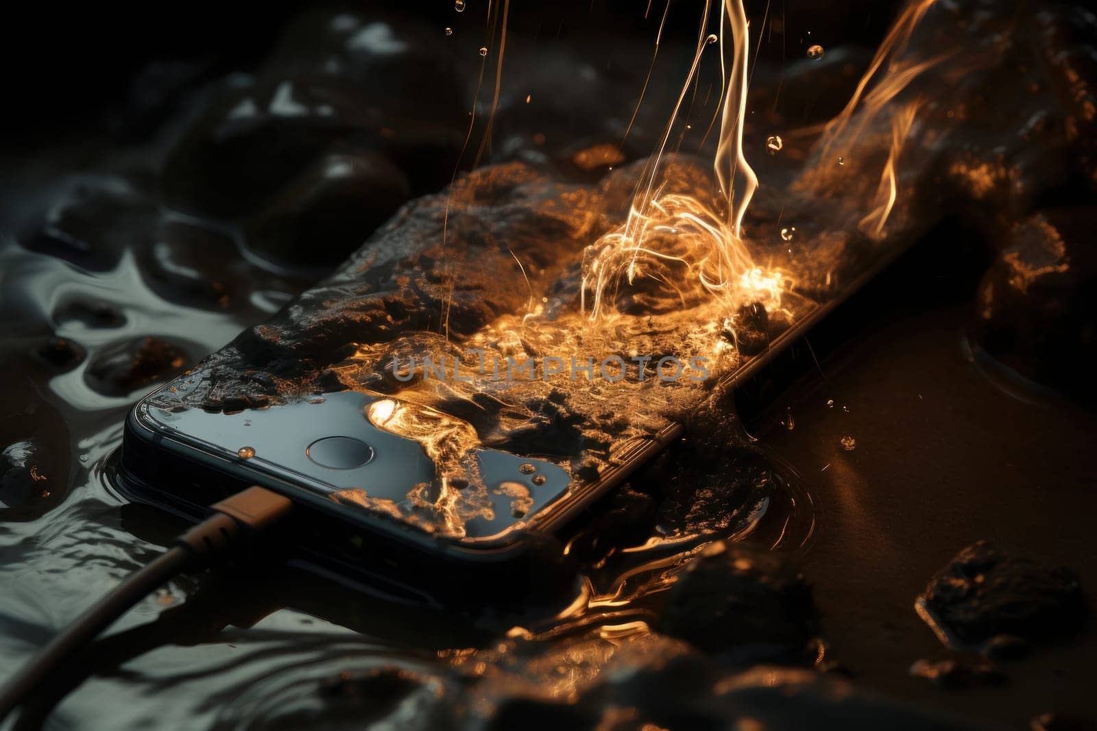 Mobile phone catches fire whilst charging. Fire hazard from mobile device. Generative AI.