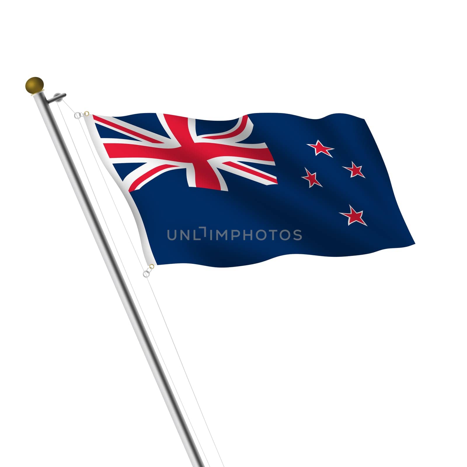 A New Zealand Flagpole 3d illustration on white with clipping path Ensign Flag background union flag southern cross