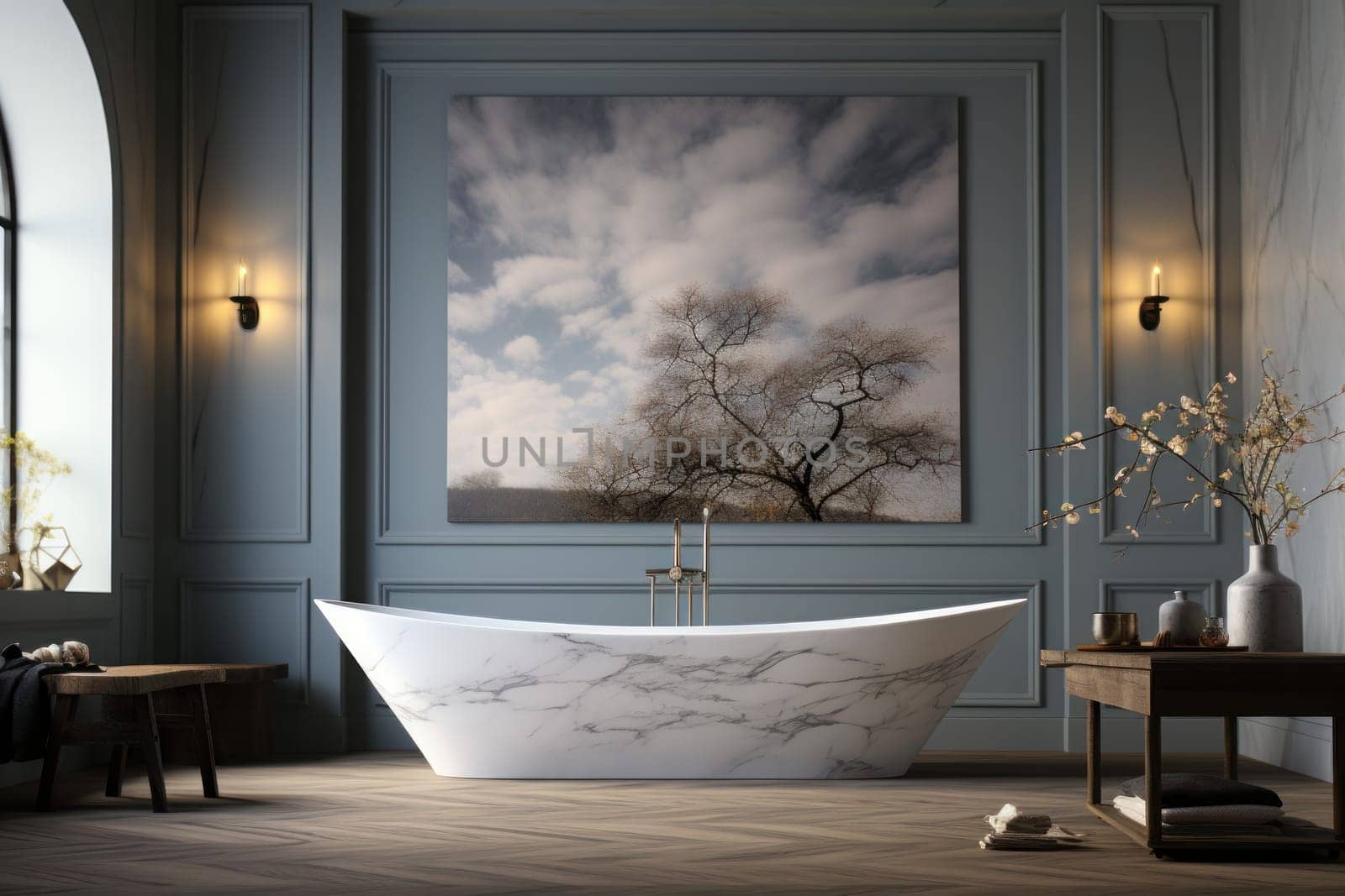 Sleek Minimalism A white marble bathtub with clean lines. Generative AI.
