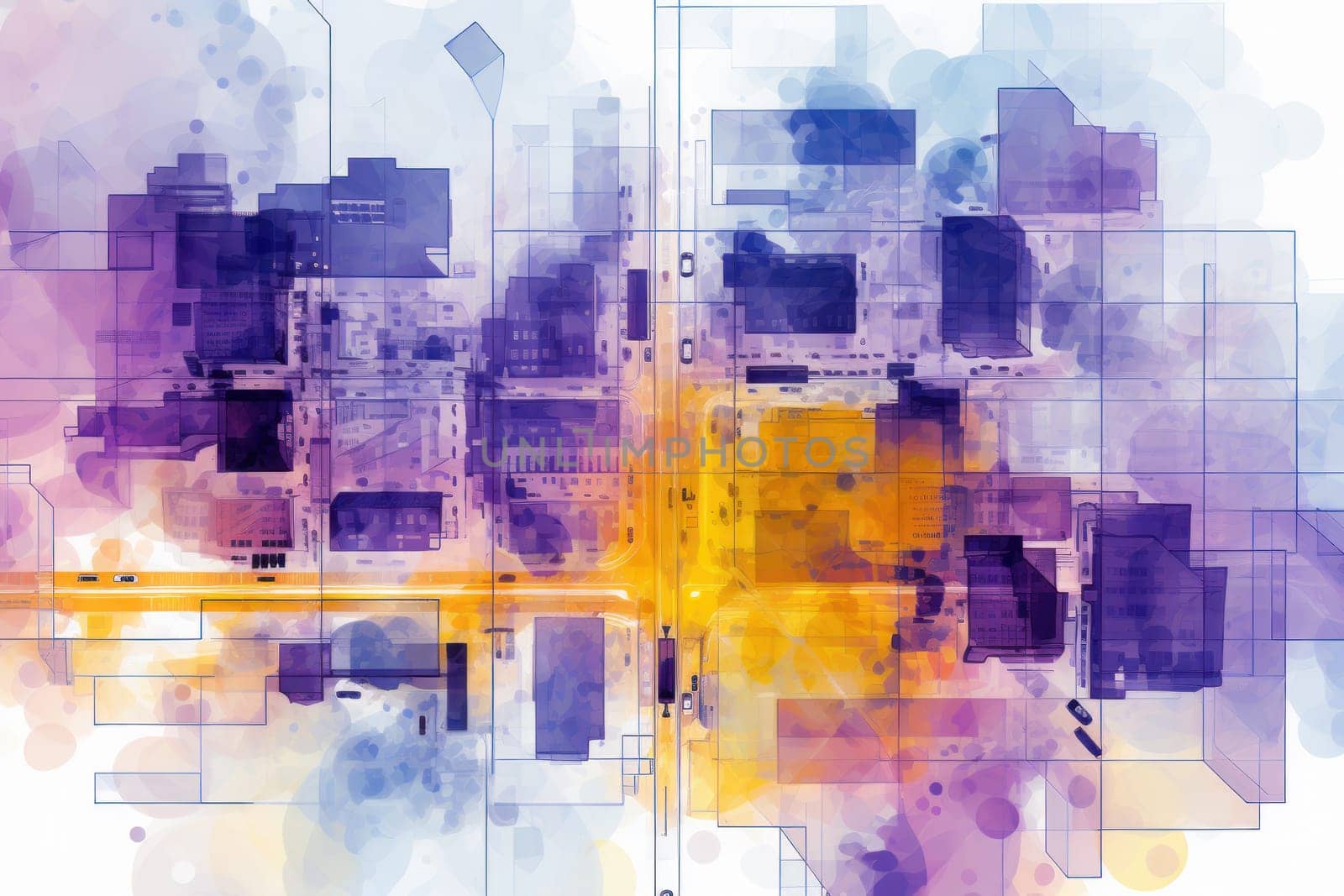 A purple and yellow map made of squares, streetscape, clean and simple designs. Generative AI.