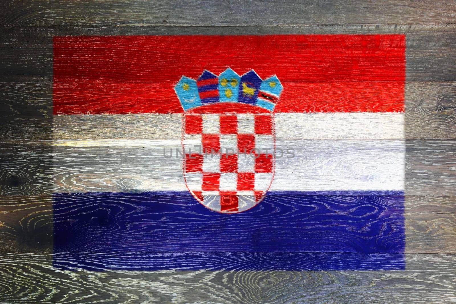 A Croatia flag on rustic old wood surface background red white blue stripes