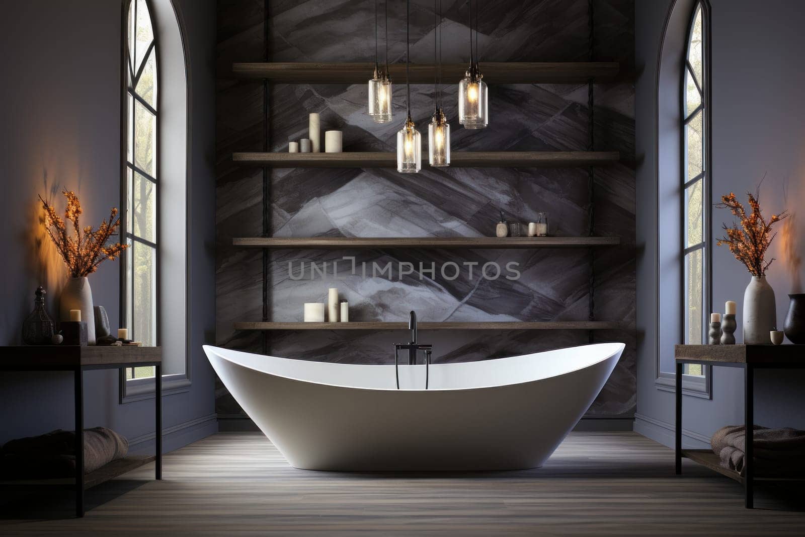 A hexagonal white marble bathtub nestled within a geometrically designed bathroom. Generative AI.