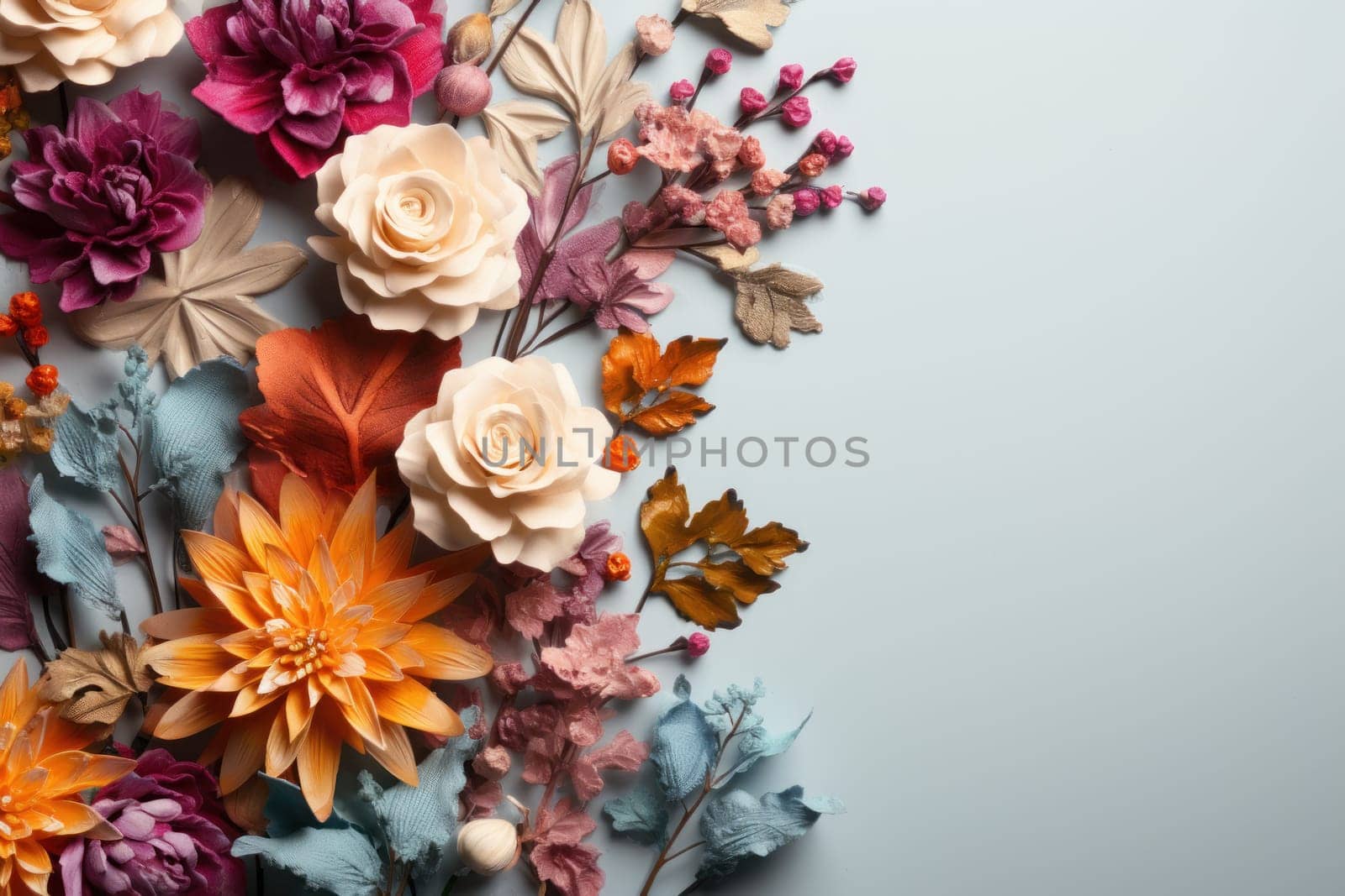 Flowers and paint brush on white background empty space Flat lay. Generative AI.