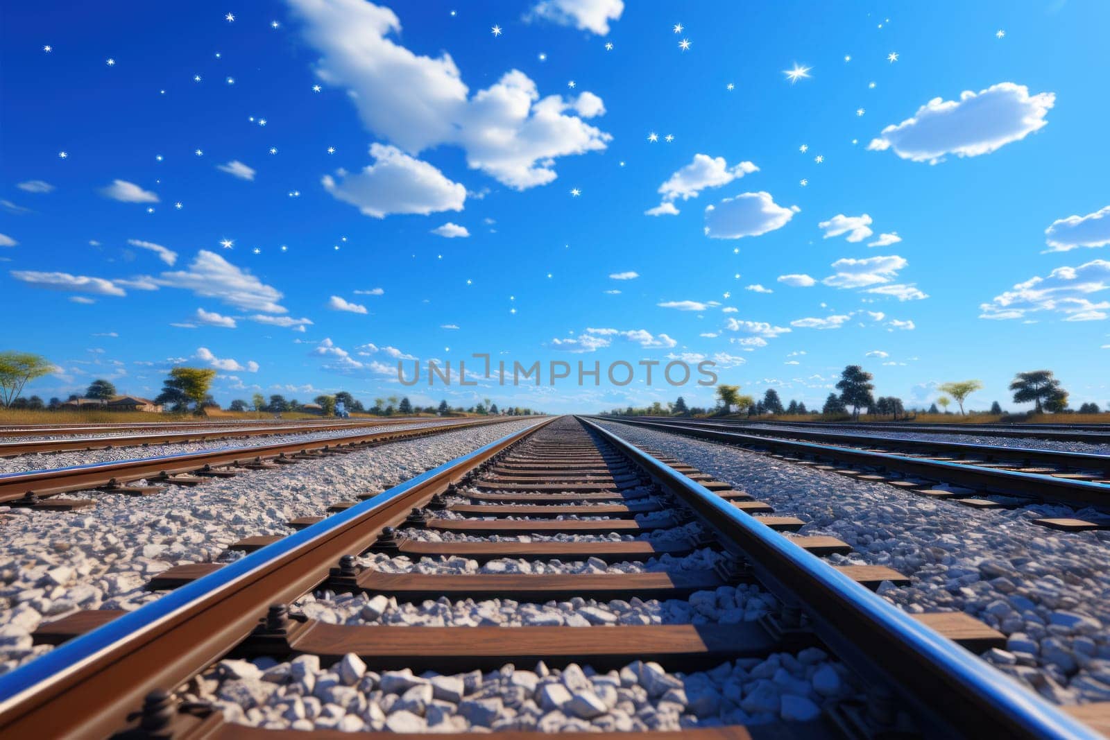 Looking up from the ground, I saw a boundless blue sky, track photography train track. Generative AI.