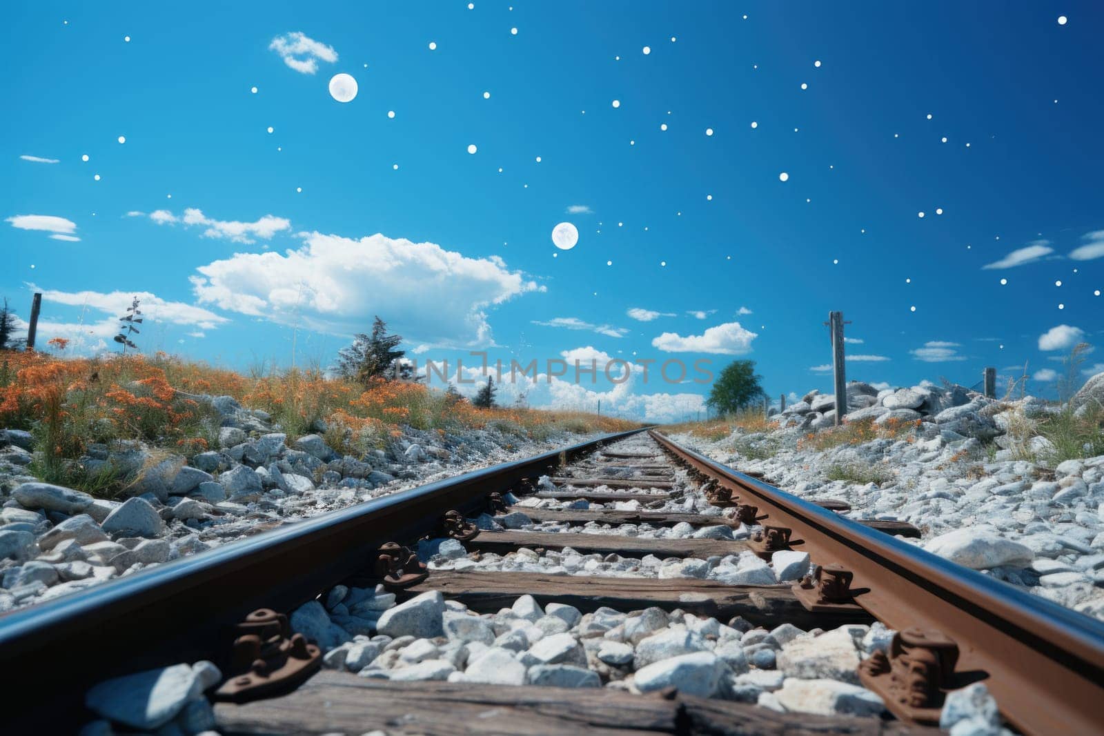 Looking up from the ground, I saw a boundless blue sky, track photography train track. Generative AI.