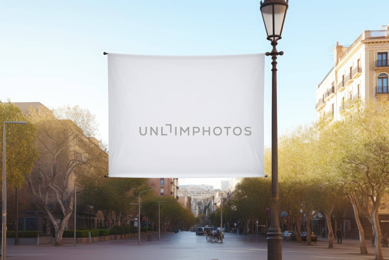 A mockup of a blank white polyester banner hanging from the top of a lamppos. Generative AI.