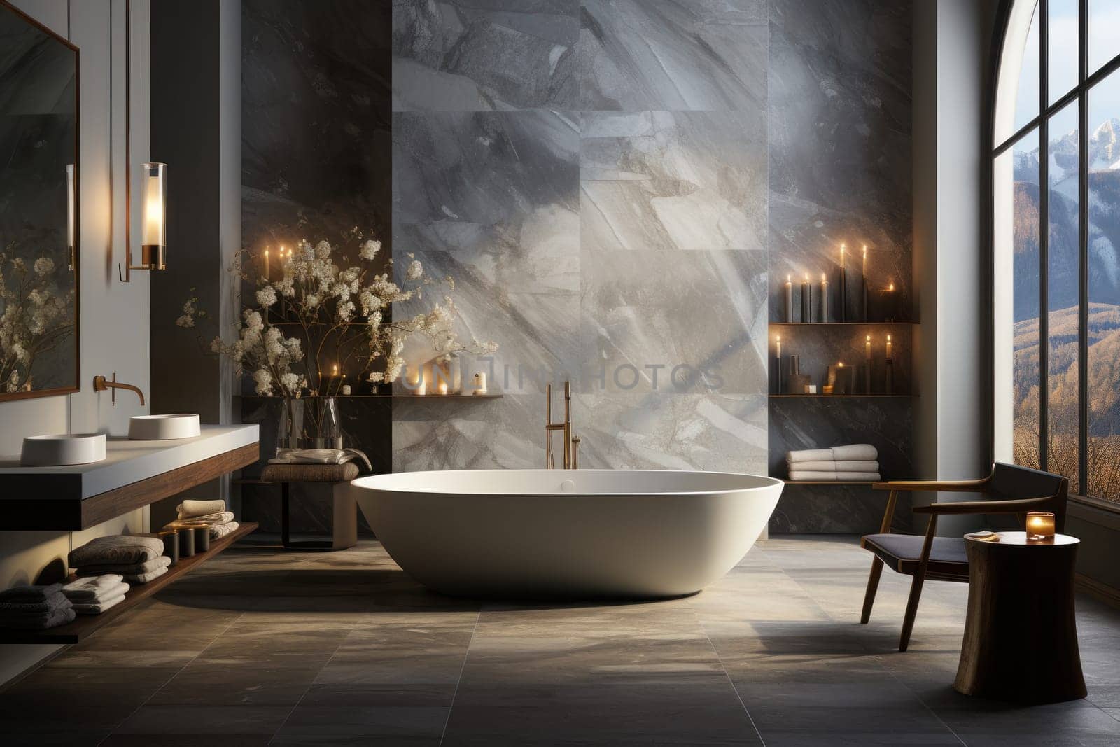 A hexagonal white marble bathtub nestled within a geometrically designed bathroom. Generative AI.