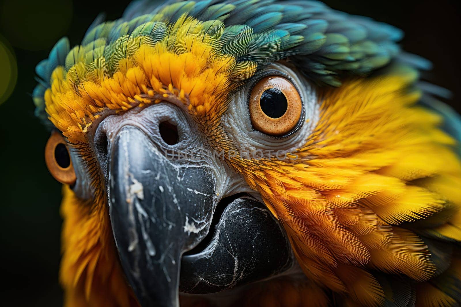 A close-up shot of a Macaw striking face, its focused eyes, documentary photo. Generative AI.