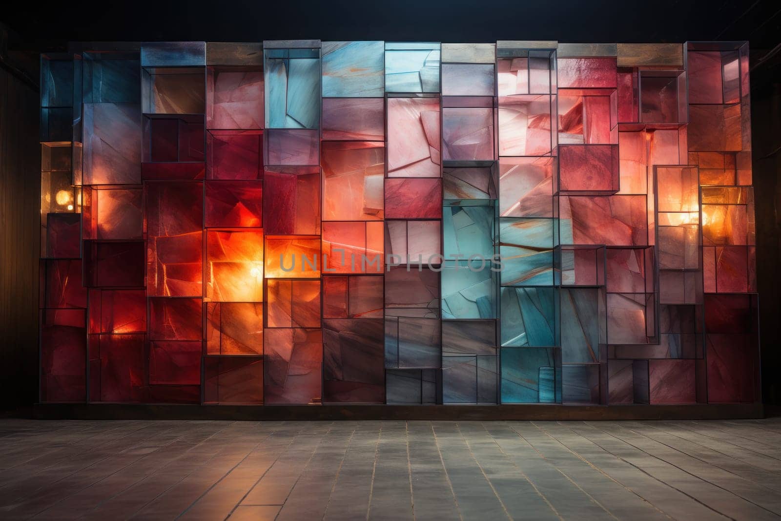 Backdrop made of transparent marble 3D diagonal planks. Generative AI.