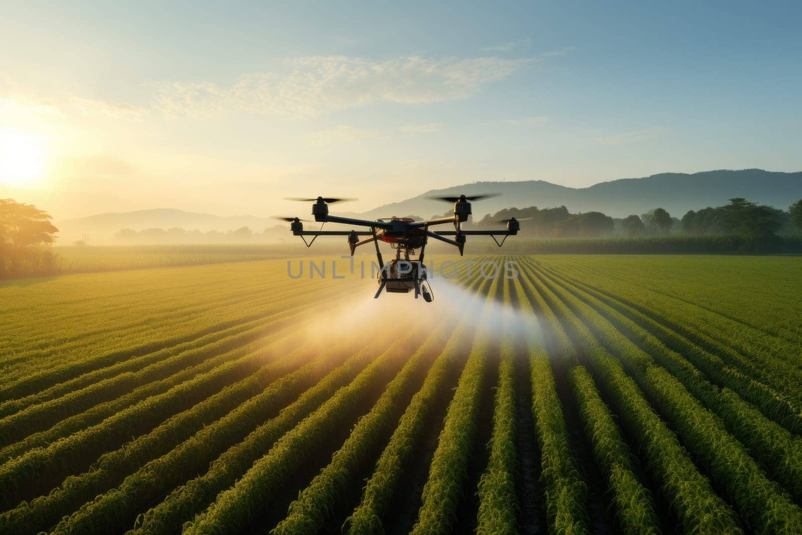 Ad style photo showing a drone spraying pesticide on a crop. Generative AI.