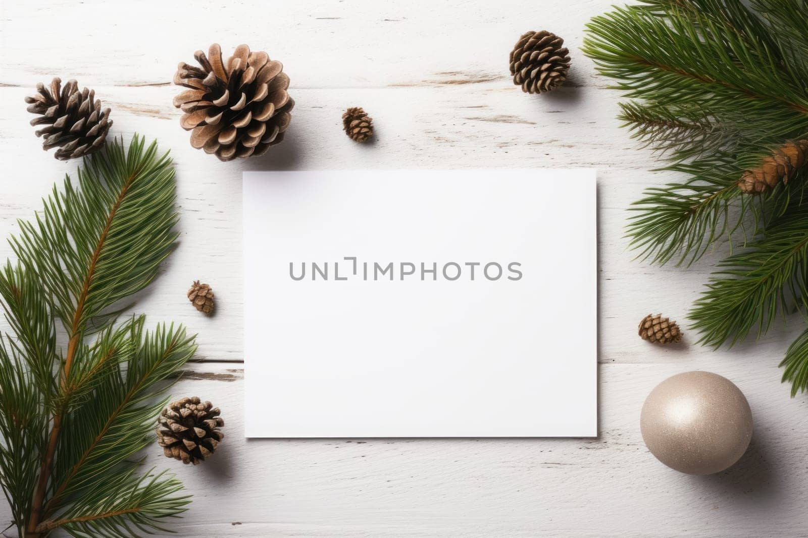 Christmas greeting blank card with mockup space on white wooden table. Space for text. Generative AI.