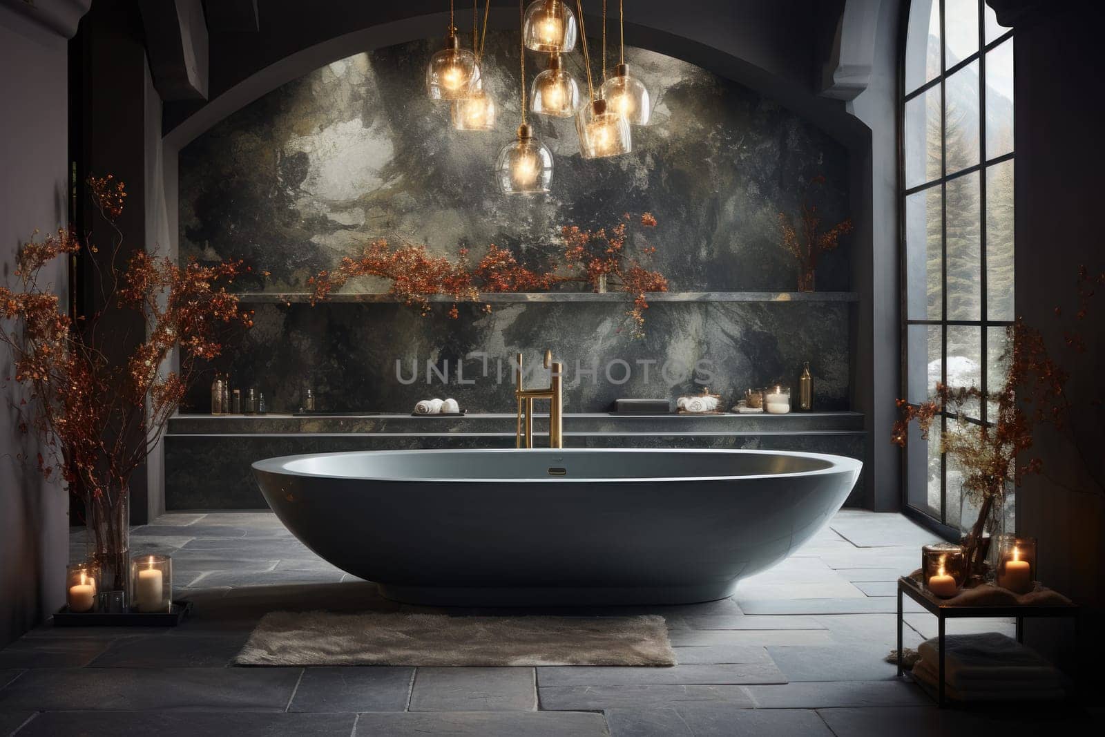 Floating Opulence a freestanding marble bathtub exuding a sense of luxury. Generative AI.