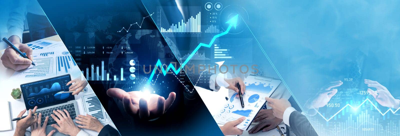 Futuristic business digital financial data technology concept for future big data analytic and business intelligence research for businessman analyst invest decisions making panoramic banner vexel