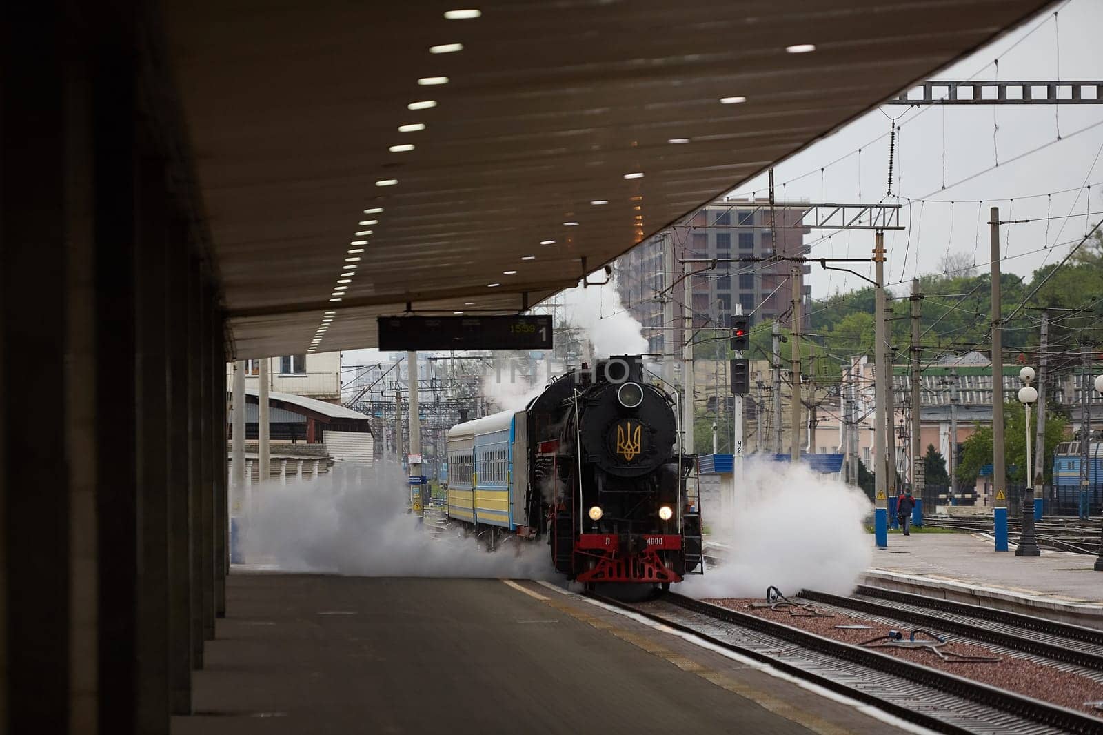 old train steam locomotive on the platform. High quality photo