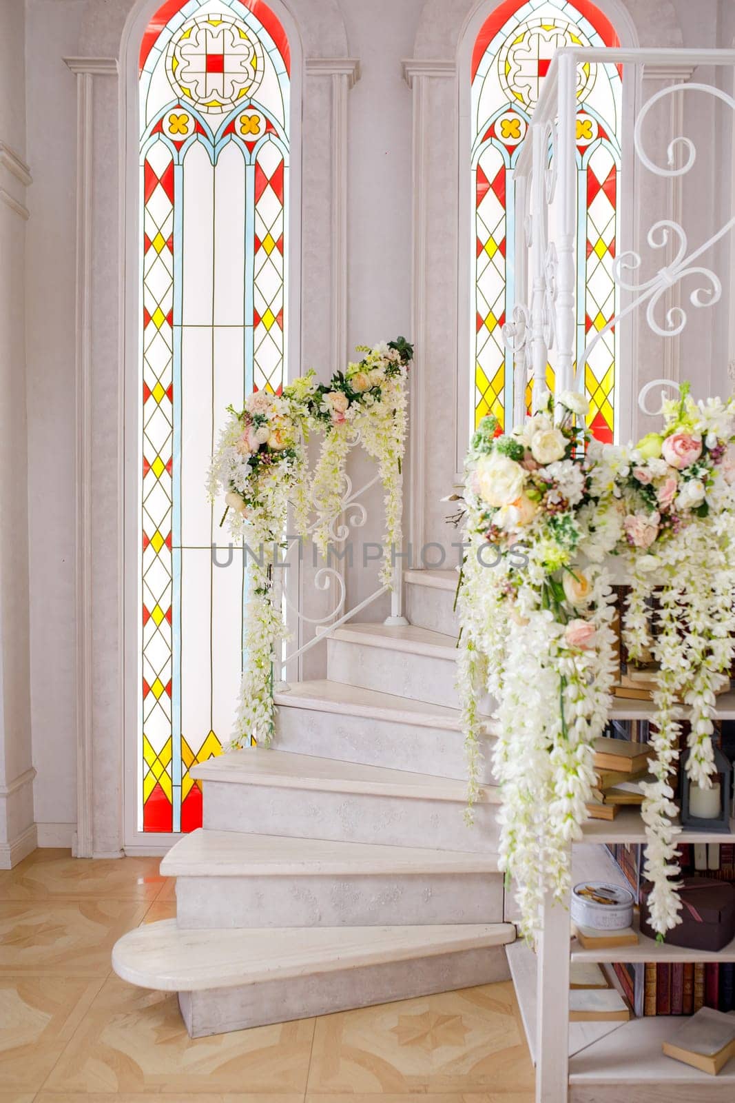 light steps with flowers and windows. High quality photo