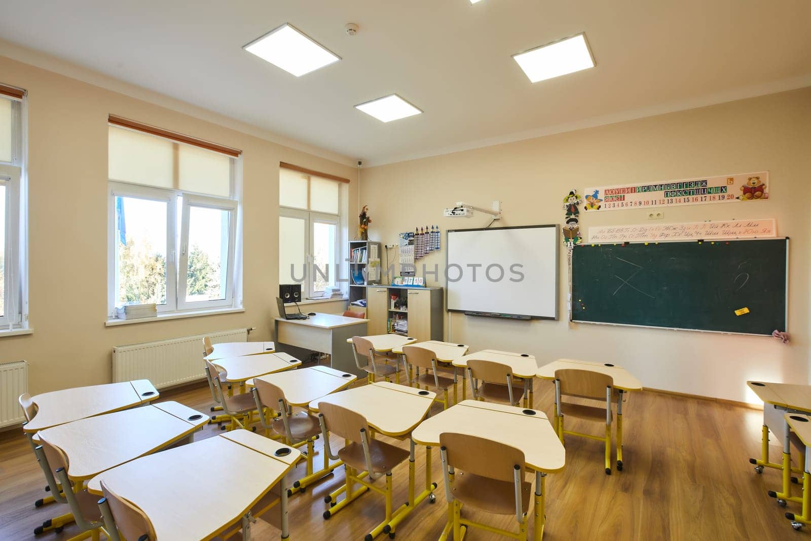 class in school desks and chairs. High quality photo