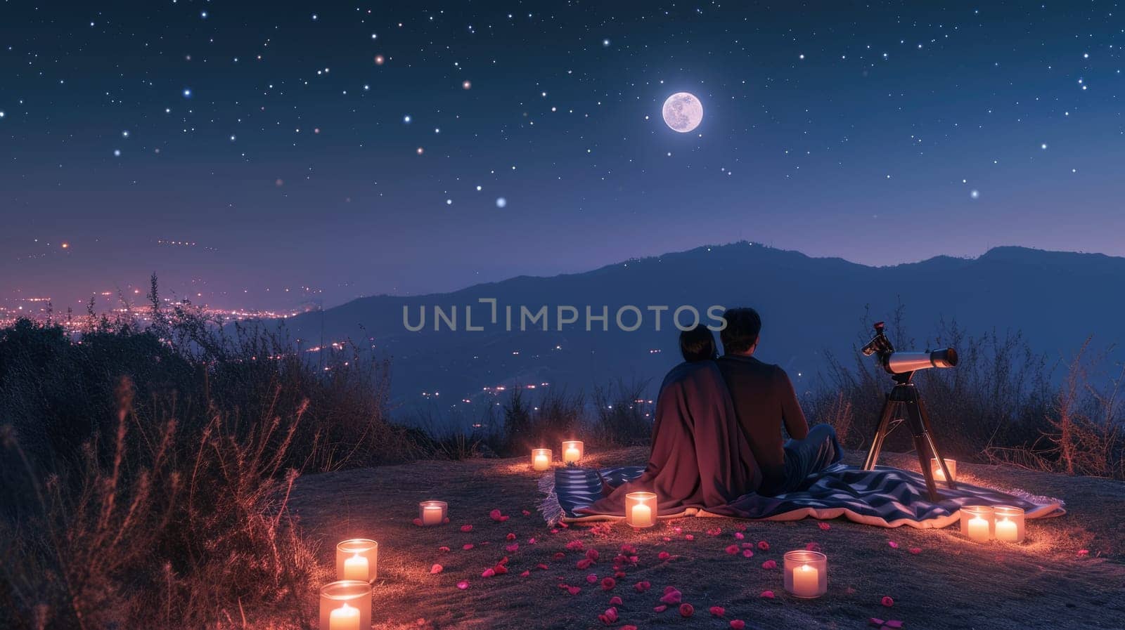 young couple looking out to romantic night sky in valentines day pragma