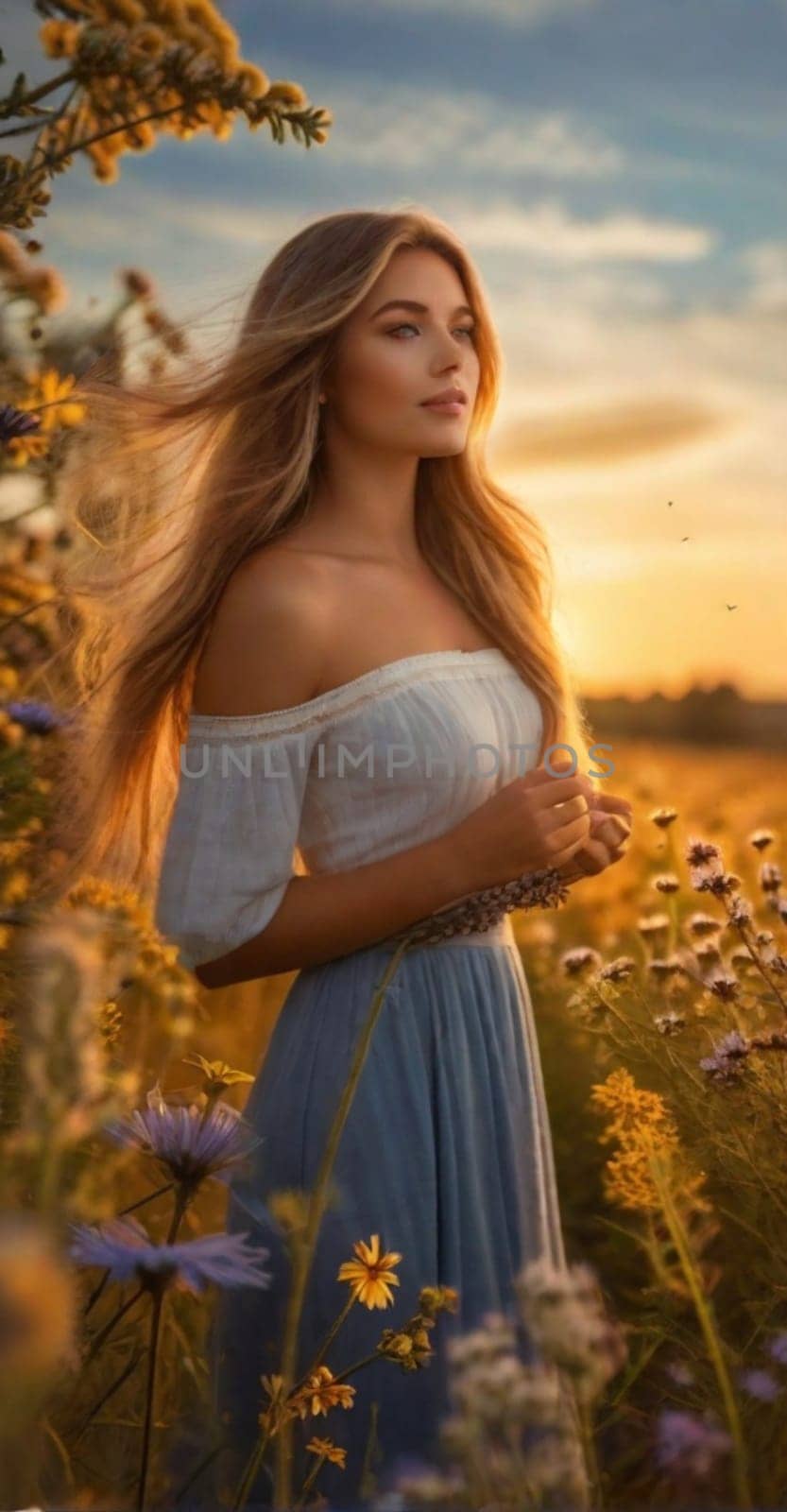 beautiful caucasian blond young woman at golden hour in the fieds of farm , springtime, illustration by verbano