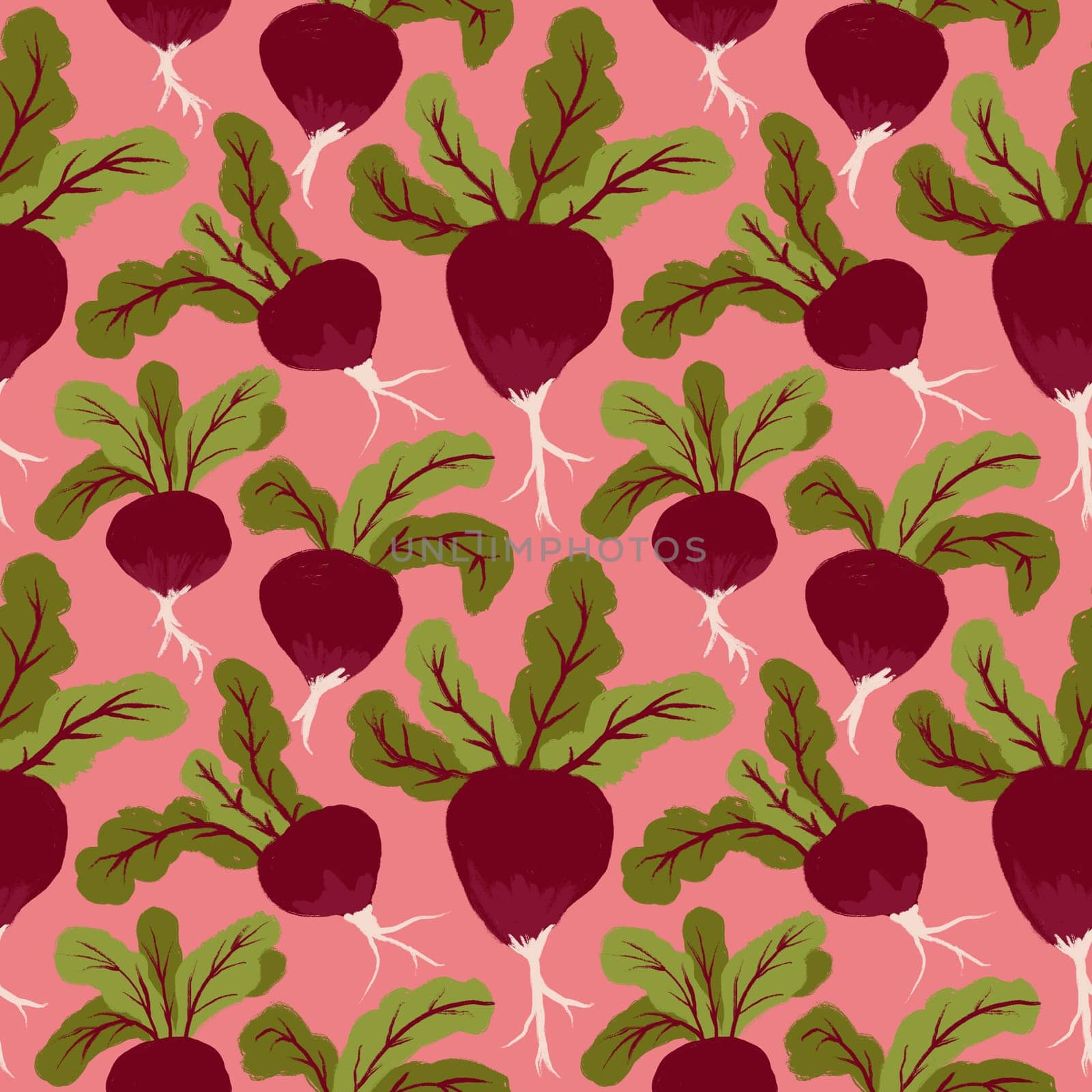 Hand drawn seamless pattern with red beetroot beet radish green leaves. Vegetables harvest vegan vegetarian food, colorful kitchen food print on orange background, nutrition diet healthy cooking. by Lagmar