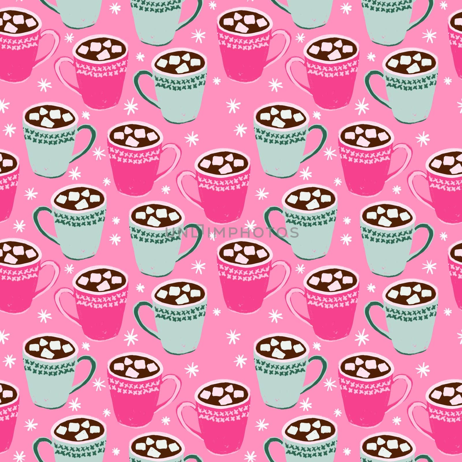 Hand drawn seamless pattern with pink green christmas cocoa hot chocolate beverage. Cute coffee cup mug drink with snow snowflakes on bright background, winter festive holiday food kitchen