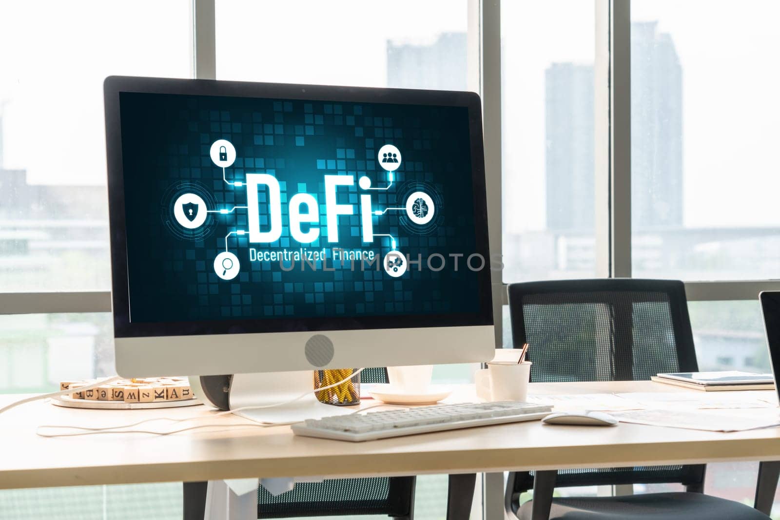 Decentralized finance or DeFi concept on modish computer screen . The defi system give new choice of investment and money saving .