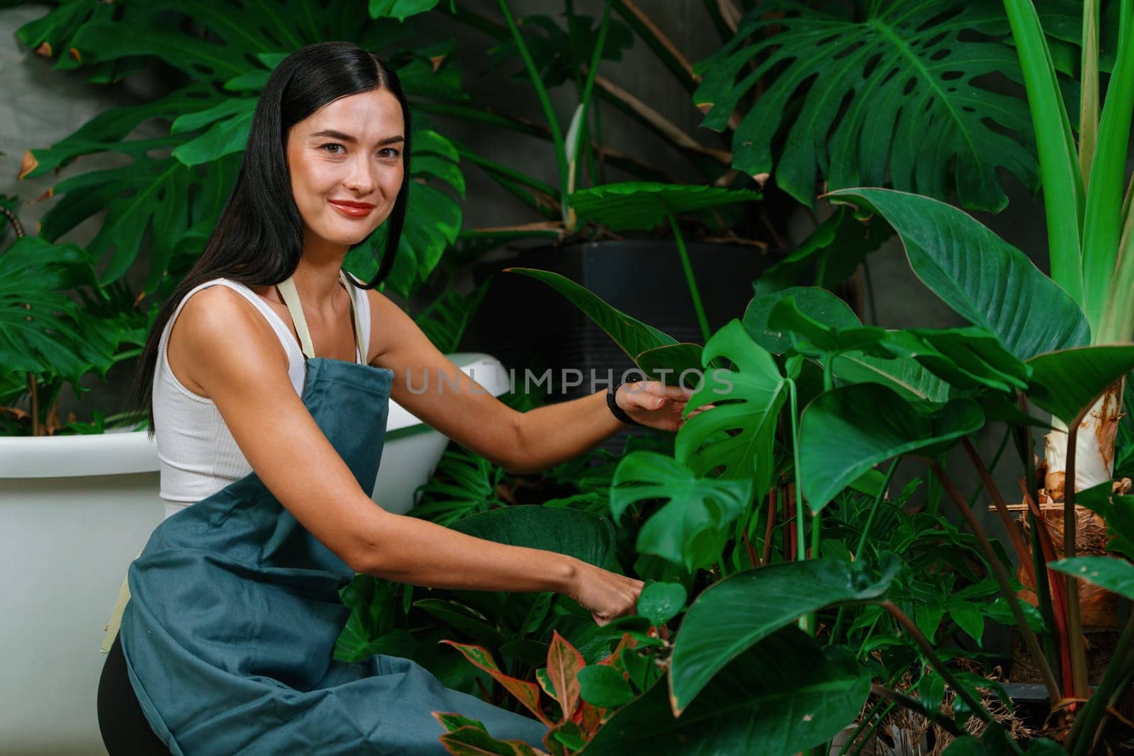 Young female gardener and tropical plant in minimalist garden. Blithe by biancoblue