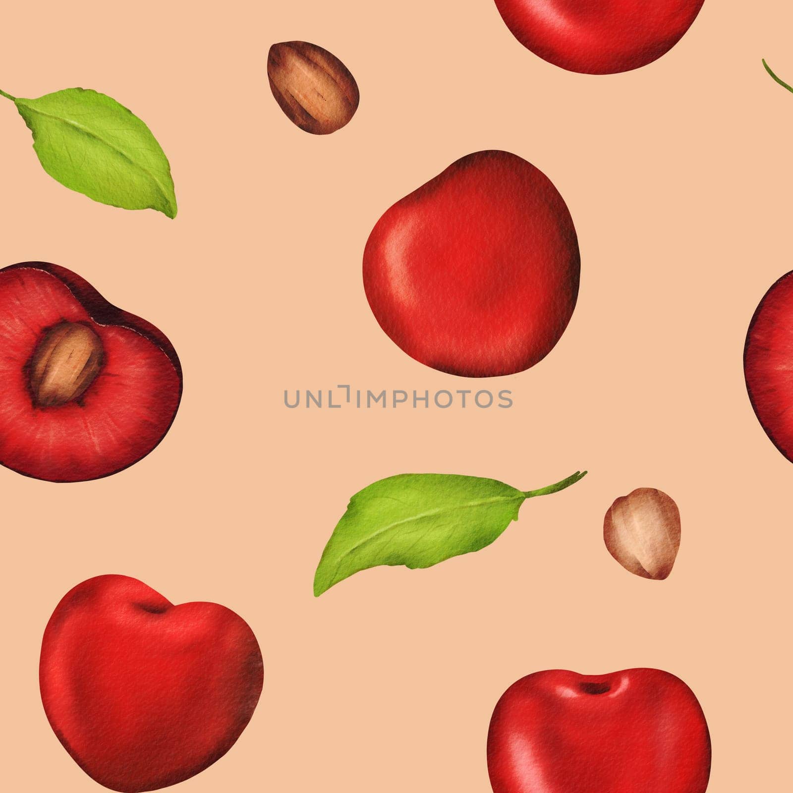 Seamless watercolor pattern with luscious, vibrant cherries. Ideal for kitchen decor, recipes, textiles, jam labels, aprons, packaging, juices, cherry sweets Pink background by Art_Mari_Ka