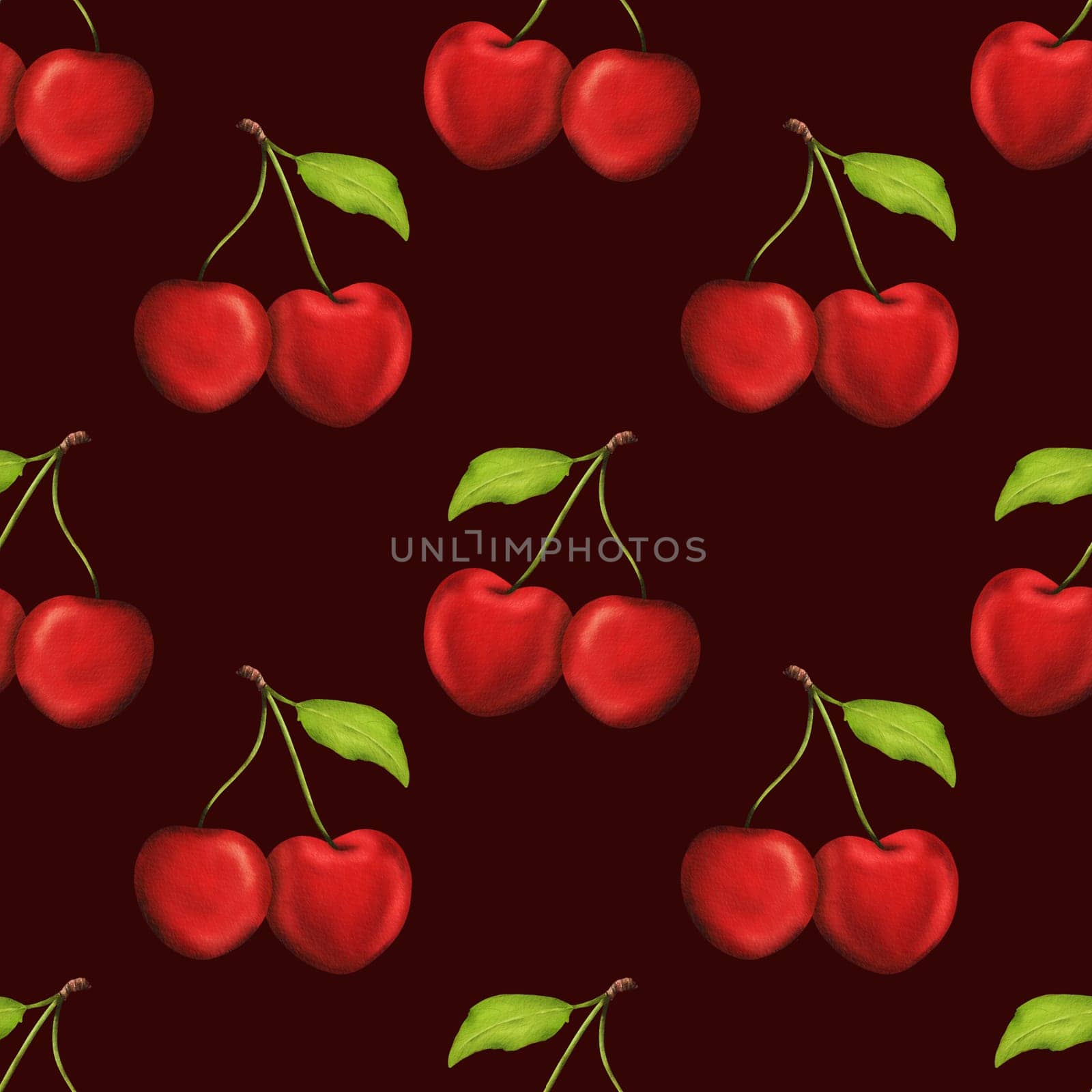 seamless pattern of luscious bright cherries. for kitchen-themed decor, recipes, textiles, aprons, packaging, cherry products like jam and sweets, as well as gum wrappers. Dark background by Art_Mari_Ka